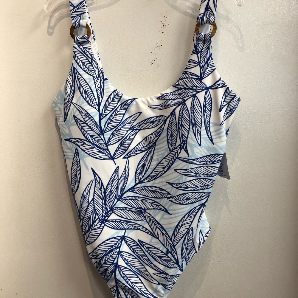 Southern Tide Blue and White Leaf-Print Women's One-Piece Swimsuit